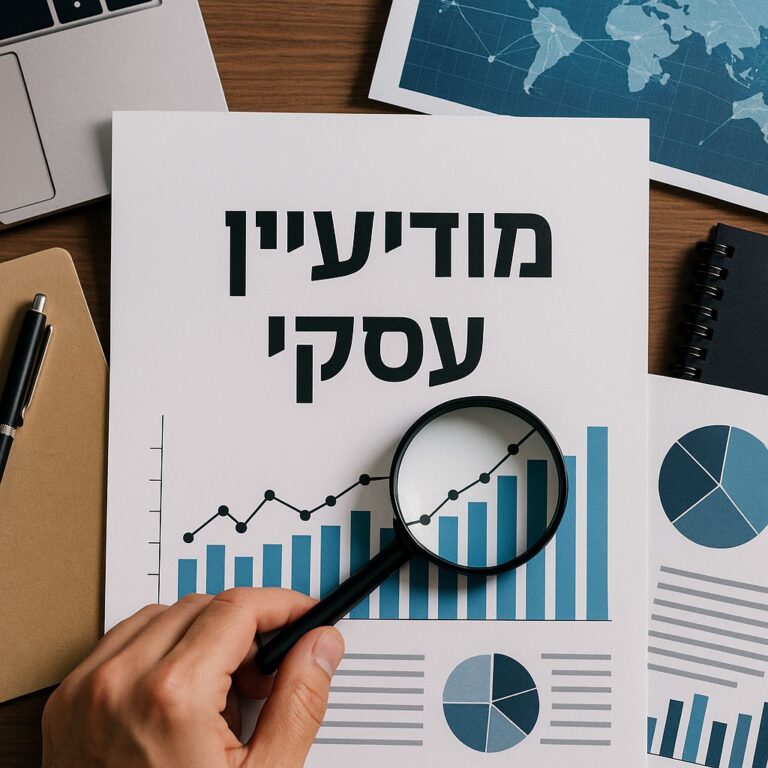 דו"ח מודיעין עסקי עם גרפים וזכוכית מגדלת על שולחן עבודה
