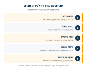 אינפוגרפיקה: שלבי העבודה עם עורך דין לפירוק חברה – שיחת אבחון, בחירת מסלול, הכנת מסמכים, אימות והגשה, וליווי עד חיסול החברה