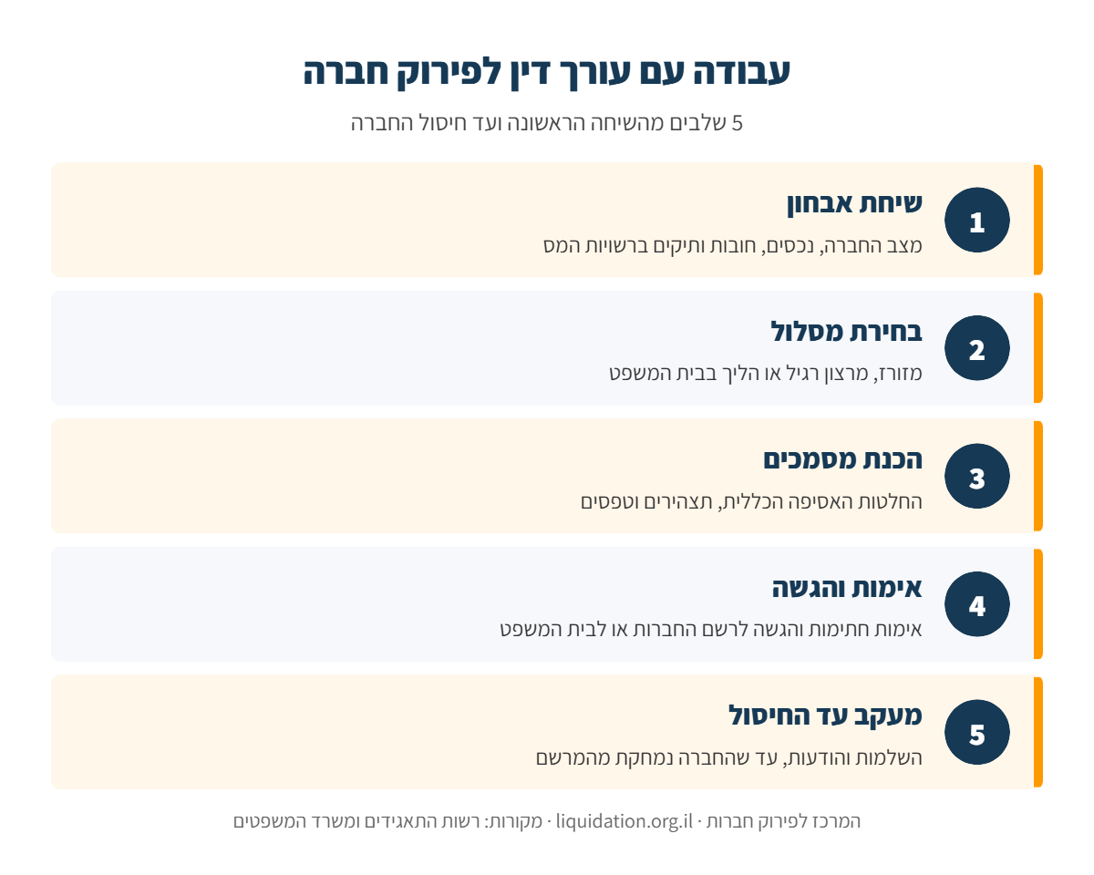 אינפוגרפיקה: שלבי העבודה עם עורך דין לפירוק חברה – שיחת אבחון, בחירת מסלול, הכנת מסמכים, אימות והגשה, וליווי עד חיסול החברה