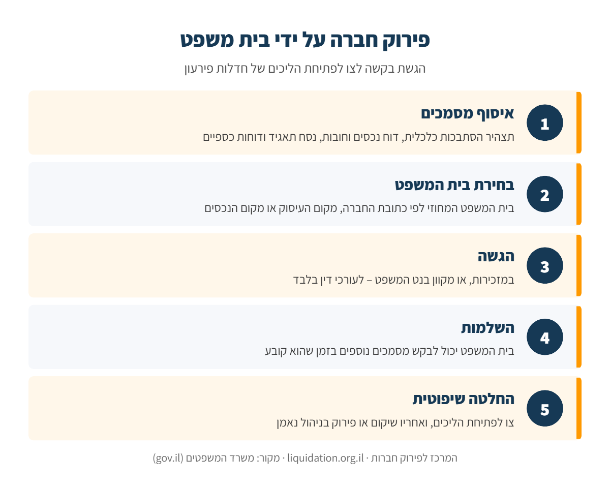 אינפוגרפיקה: הגשת בקשה לצו לפתיחת הליכים של חדלות פירעון של חברה – איסוף מסמכים, בחירת בית המשפט, הגשה, השלמות והחלטה שיפוטית