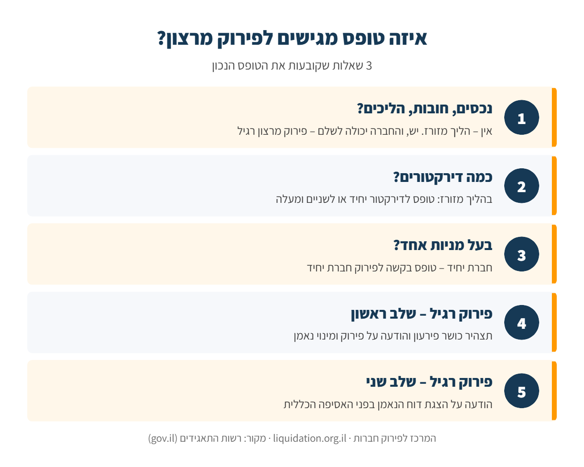 אינפוגרפיקה: איך בוחרים את הטופס לפירוק חברה מרצון – בדיקת נכסים וחובות, מספר הדירקטורים, חברת יחיד, ומסלול רגיל בשני שלבים